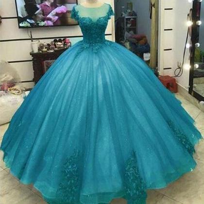 Ball Gown Sheer Crew Tulle Lace Prom Dresses