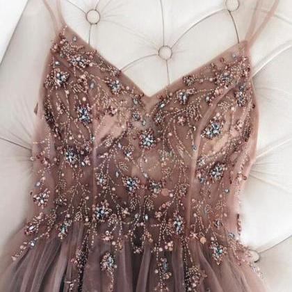 Silver Beaded Two Pieces Long A-line Tulle Prom Dresses, Long Prom Dresses For Prom, PD0219 main image 0