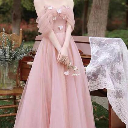 Off Shoulder Tulle Long Pink Bridesmaid Dresses
