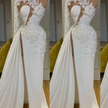 Gorgeous One Shoulder Long Sleeve Prom Dress With Lace Appliques Side Slit main image 0