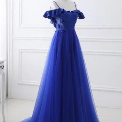 Long Tulle Dress with Beaded Straps Royal Blue Plus Size