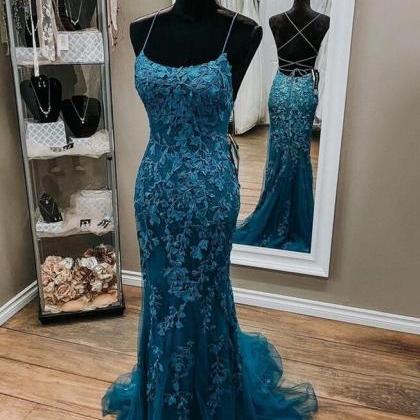 Spaghetti Straps Teal Green Tulle Lace Prom Dress