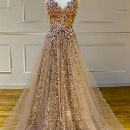 V-neck Long A-line Lace Tulle Prom Dresses, Lovely Prom Dresses, 2020 Prom Dresses