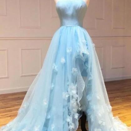 Flowers Tulle A Line Blue Strapless Prom Dress