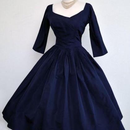 A Line Dark Blue Prom Dress With Middle Sleeve