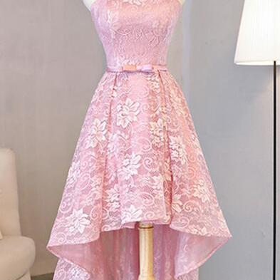 High Low Pink Tulle Lace Prom Dress