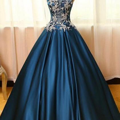 A Line Ball Gown Blue Satin Prom Dress With Lace..