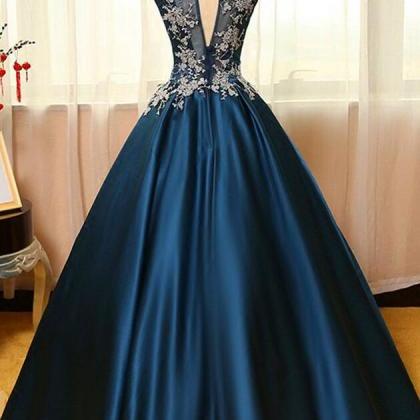 A Line Ball Gown Blue Satin Prom Dress With Lace..