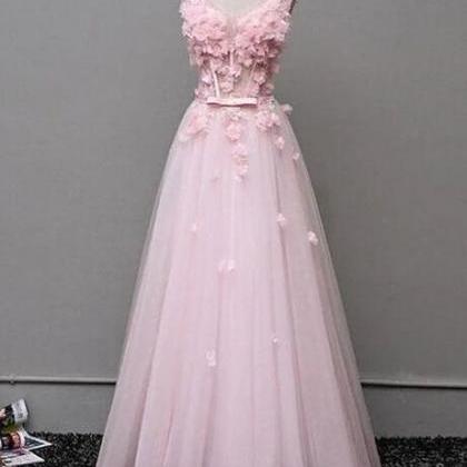 A Line V-neckline Floral And Tulle Pink Long Prom..