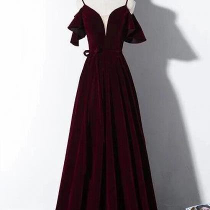 Elegant Wine Red Velvet Long Prom Dress With..