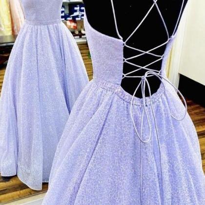 A Line Purple Tulle Sequin Long Prom Dress