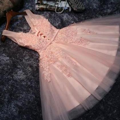 Cute Pink Satin Lace Mini A Line Birthday Dress Homecoming Dress Y7966 main image 1