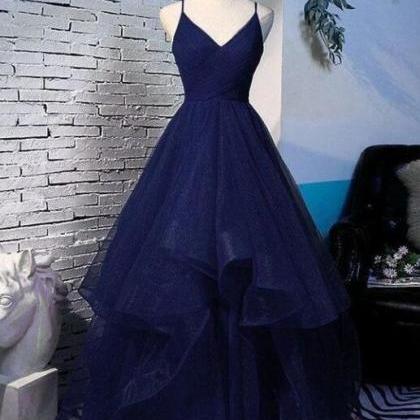 Pretty Navy Blue Tulle Straps Long Prom Dress