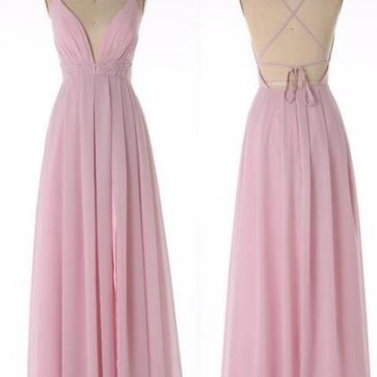Charming Column Satin Spaghetti Straps Sleeveless Pink Prom Dress With Ruffles Split