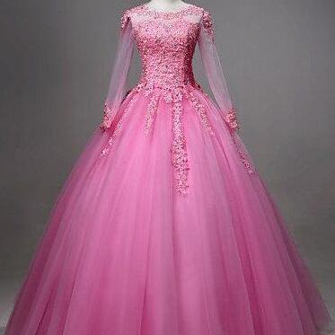 Ball Gown Scoop Lace Appliques Long Prom Dress