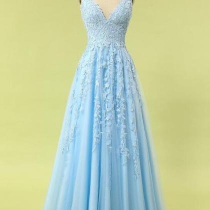 A Line V Neck Sky Blue Tulle Prom Dress on Luulla