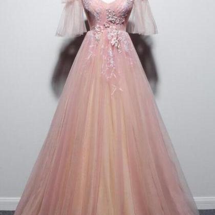 A Line Pink Tulle V-neckline Floral Long Prom..