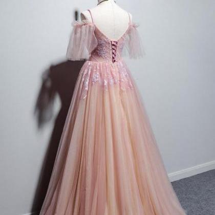 A Line Pink Tulle V-neckline Floral Long Prom..