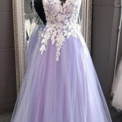 A Line V Neck Backless Lace Purple Prom Dresses