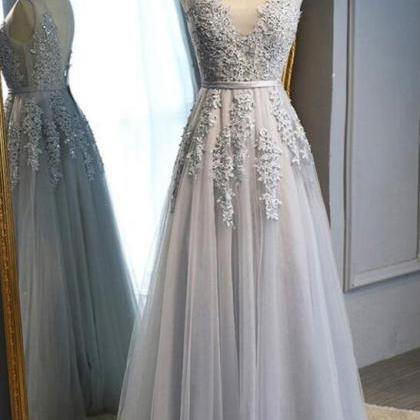 Charming Gray V Neck Long Prom Dress With Lace