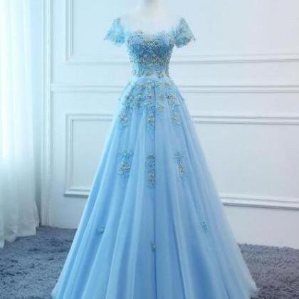 A Line Blue Foral Tulle Prom Dress Women Formal..