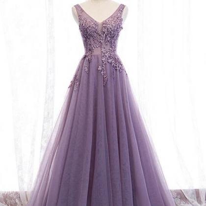 A Line V Neck Purple Beading Appliques Tulle Prom..
