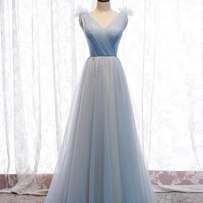 A Line Blue V Neck Tulle Long Prom Dress