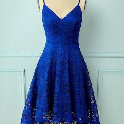High Low Royal Blue Lace Homecoming Dress