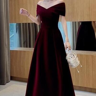 Off Shoulder Dark Red Velvet Prom Dress