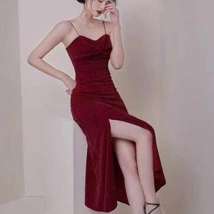 Wine Red Satin Ruched Prom Dress,Spaghetti Straps Tiered Party Dress Evening Dress main image 1