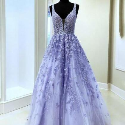 A Line Lilac Lace V Neck Long Prom Dress