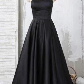 Niulatu Sheath Spaghetti Straps Black Satin Long Prom Dresses HZ1110