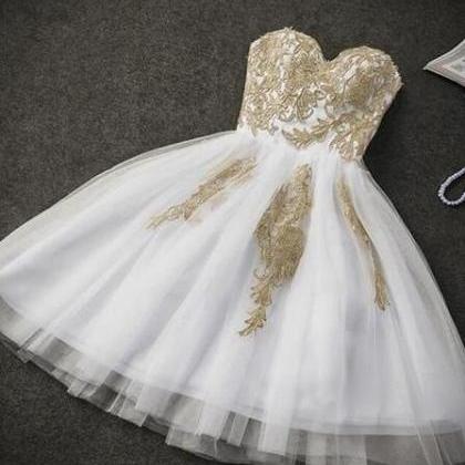 Cute Tulle Homecoming Dress With Gold Applique