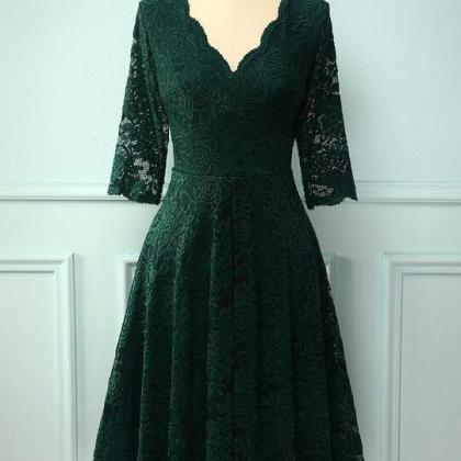 A Line Green V Neck Lace Homecoming Dress With 3/4..