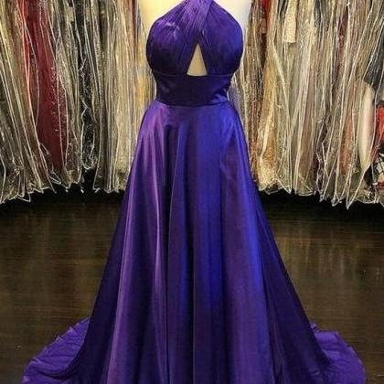 Simple Backless Purple Satin Long Prom Dress