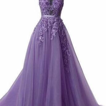 Charming Purple Halter Lace Prom Dress With Sweep..