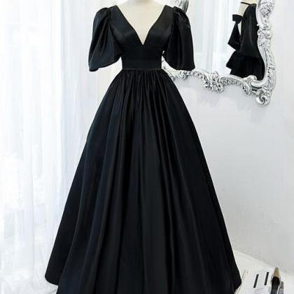 A Line V Neck Black Stain Prom Dress Evening Dress