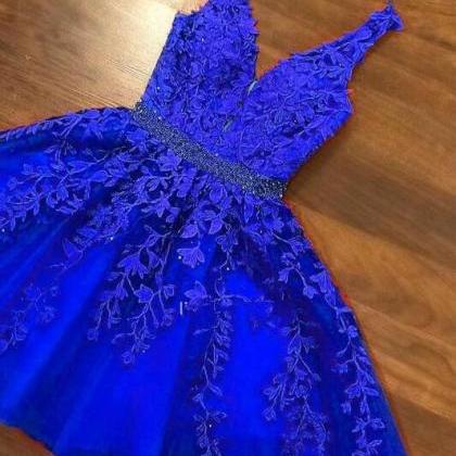 Royal Blue Sequins A-line Graduation Dress Royal Blue Short Homecoming Dress Royal Blue Party Dress Y1850 main image 1