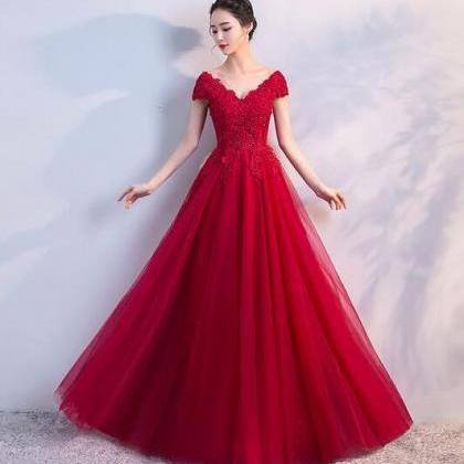 A Line Burgundy V Neck Tulle Lace Long Prom Dress
