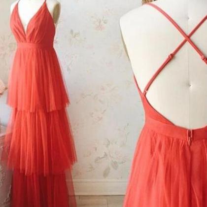 Aline V Neck Orange Red Backless Tulle Prom..