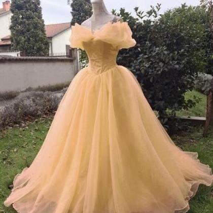 Beaded A-line Yellow Tulle Prom Dress Evening Dress,WP310