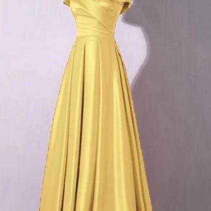 Off The Shoulder Yellow Satin Long Prom Dresses