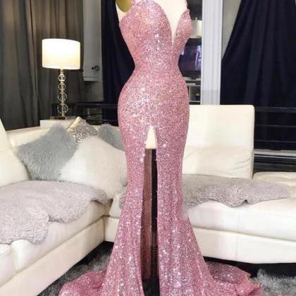 Gorgeous Yellow Sequins Mermaid Prom Dress with Slit