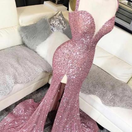 Cute Mermaid Sweetheart Pink Velvet Sequins Prom Dresses with Slit main image 1