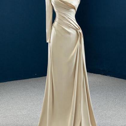 Elegant Long A-line One Shouder Satin Prom Dress with Sleeves main image 1