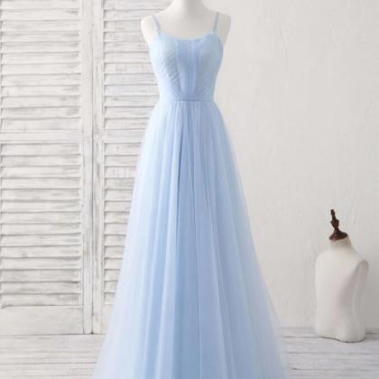 Navy Blue Halter Front Slit Spaghetti Straps A-Line Tulle Prom Dress