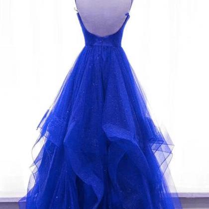 Long Spaghetti Straps Tulle Dress with Sweetheart Neck Blue
