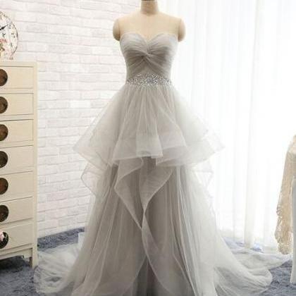 Grey A-line Sweetheart Tulle Prom Dresses