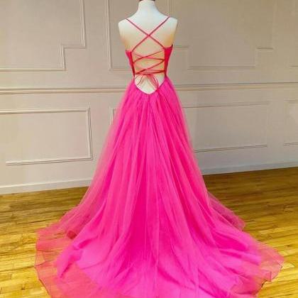 Elegant Pink Square Tulle A Line Long Prom Dress Birthday Party Gown SP29 main image 1