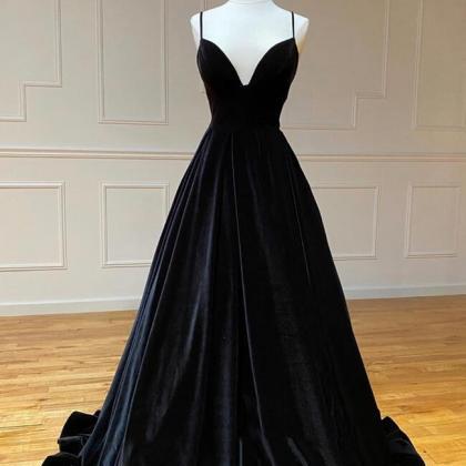A Line Black Velvet Long Prom Dress